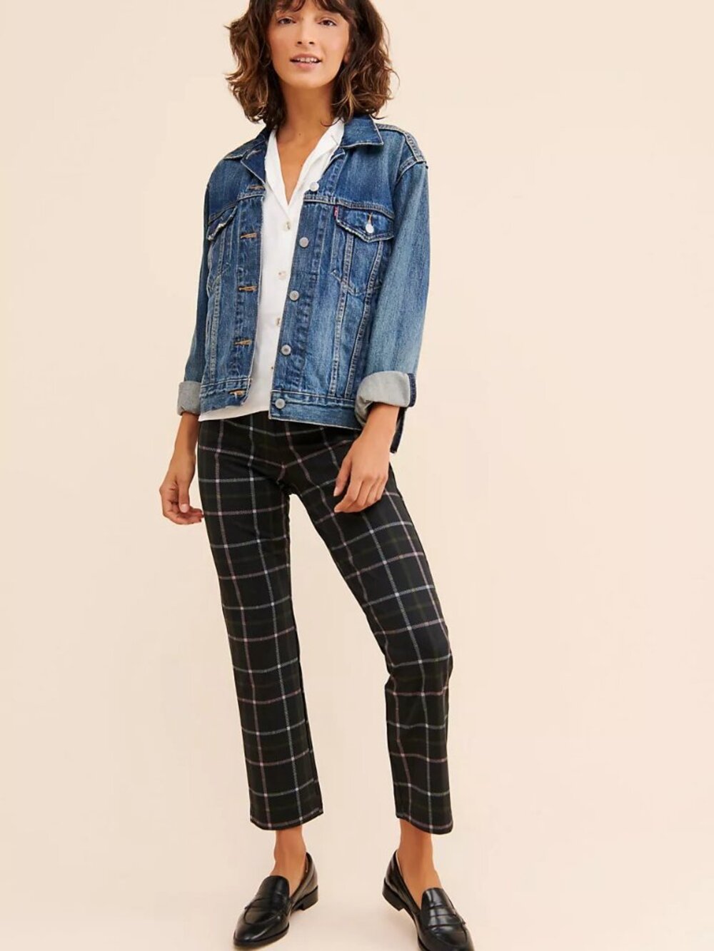 Sanctuary Plaid Pull-On Slim Ankle Pants Black Gray L